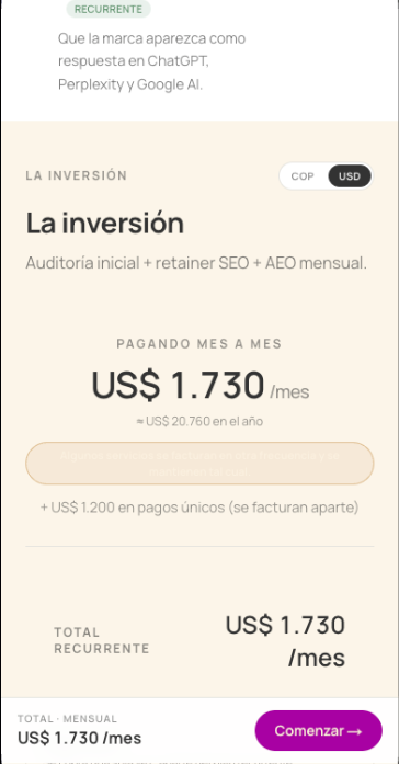 Precios de la propuesta en el celular